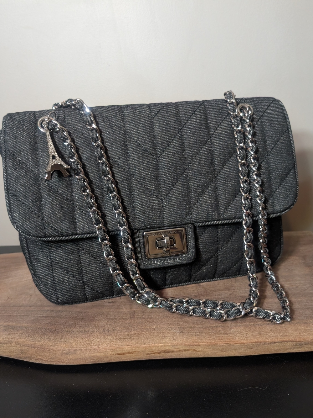 Karl Lagerfeld Denim Quilted Shoulder Bag in Charcoal Gray/Black W Silver Chain